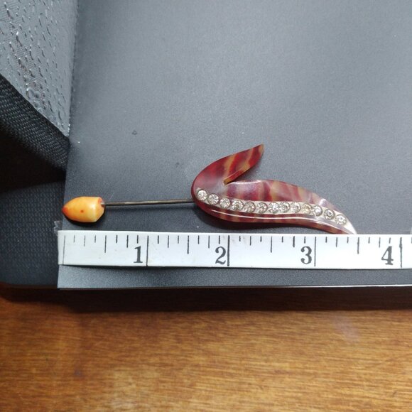 1930's Red Celluloid Rhinestone Lapel Jabot Pin with screw cap - Picture 4 of 5